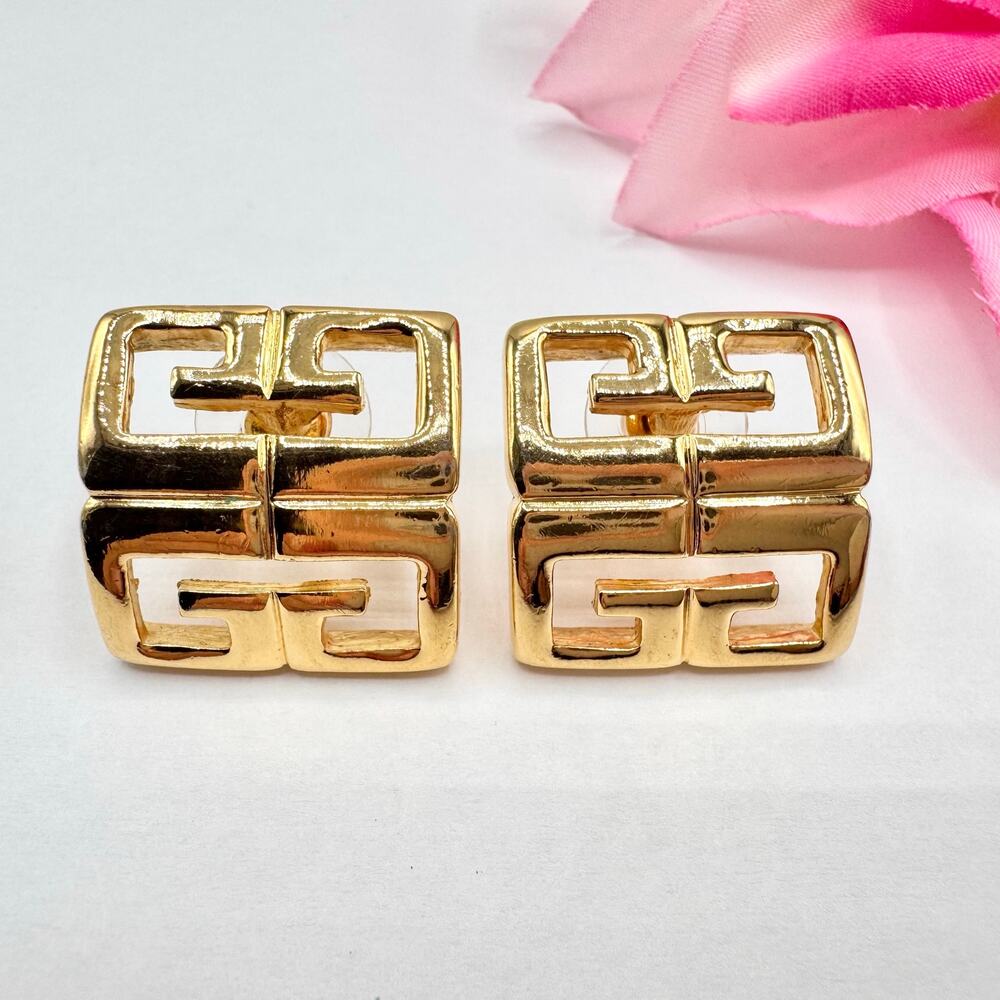 Vintage Givenchy 4G Logo Monogram Designer Stud Earrings Gold Tone Chic Signed